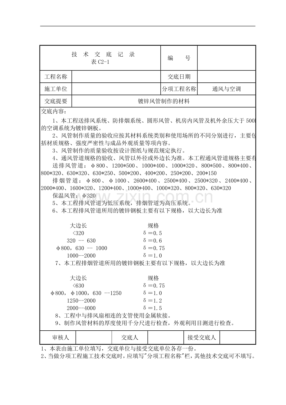 工程空调风管制作交底记录.doc_第1页