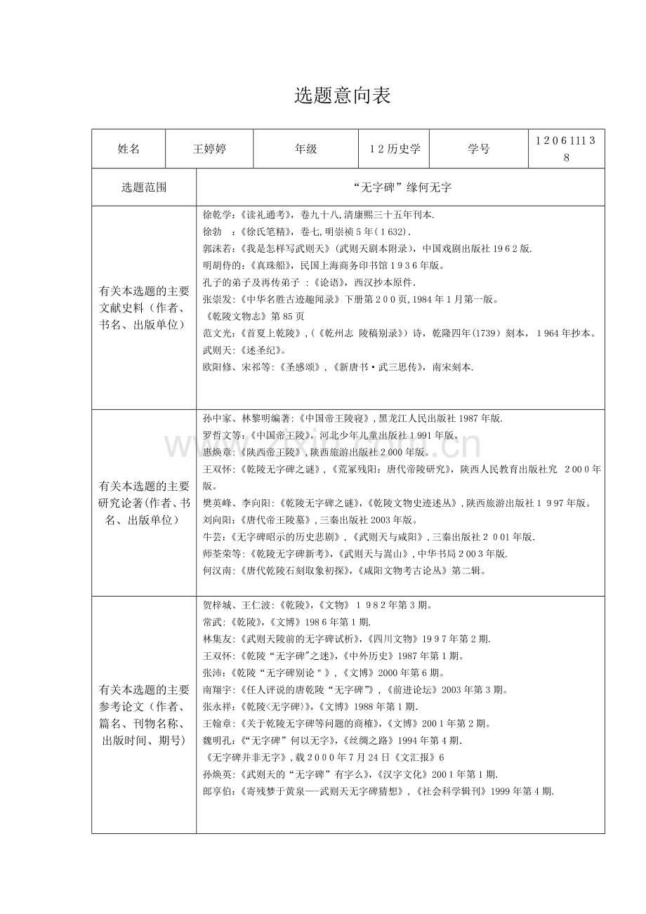 无字碑选题意向表.doc_第1页