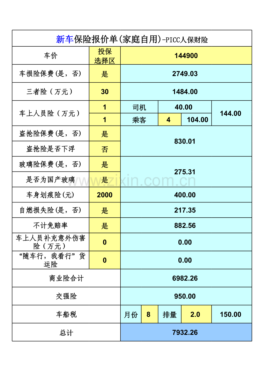 车险保费计算表(10座以内客车)(含车船税和随车货运险).xls_第1页