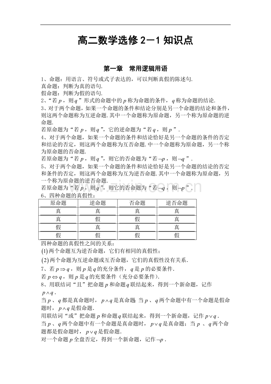 人教A版高中数学选修2-1知识点总结.doc_第1页
