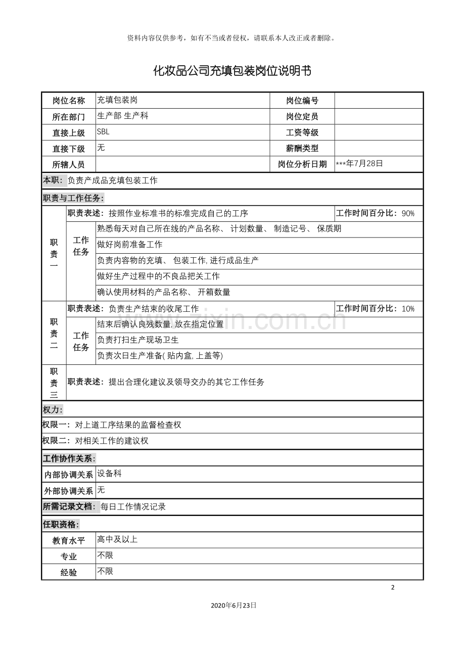 化妆品公司充填包装岗位说明书.doc_第2页