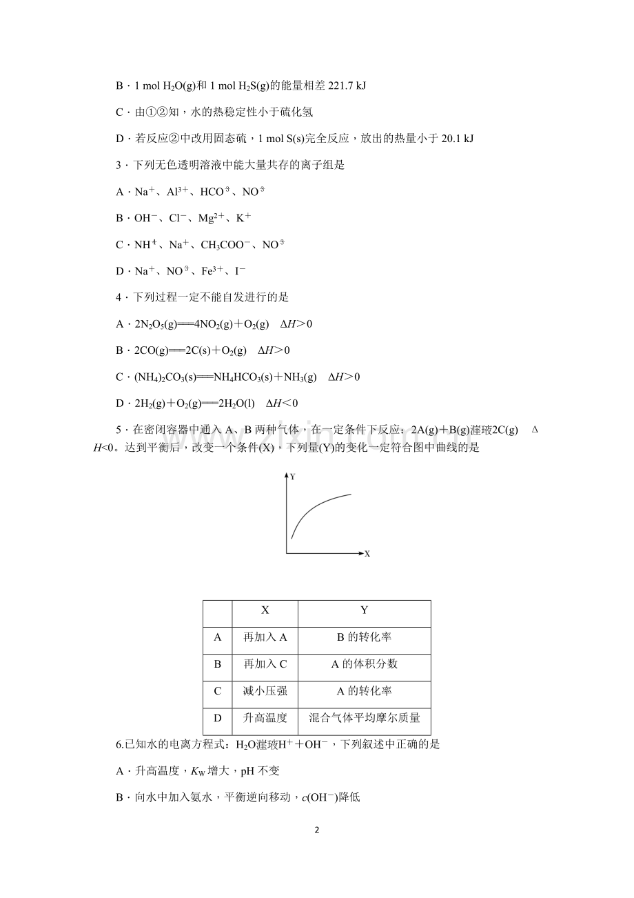 湖南师大附中2016-学年度高二第一学期期末考试化学·理学.doc_第2页
