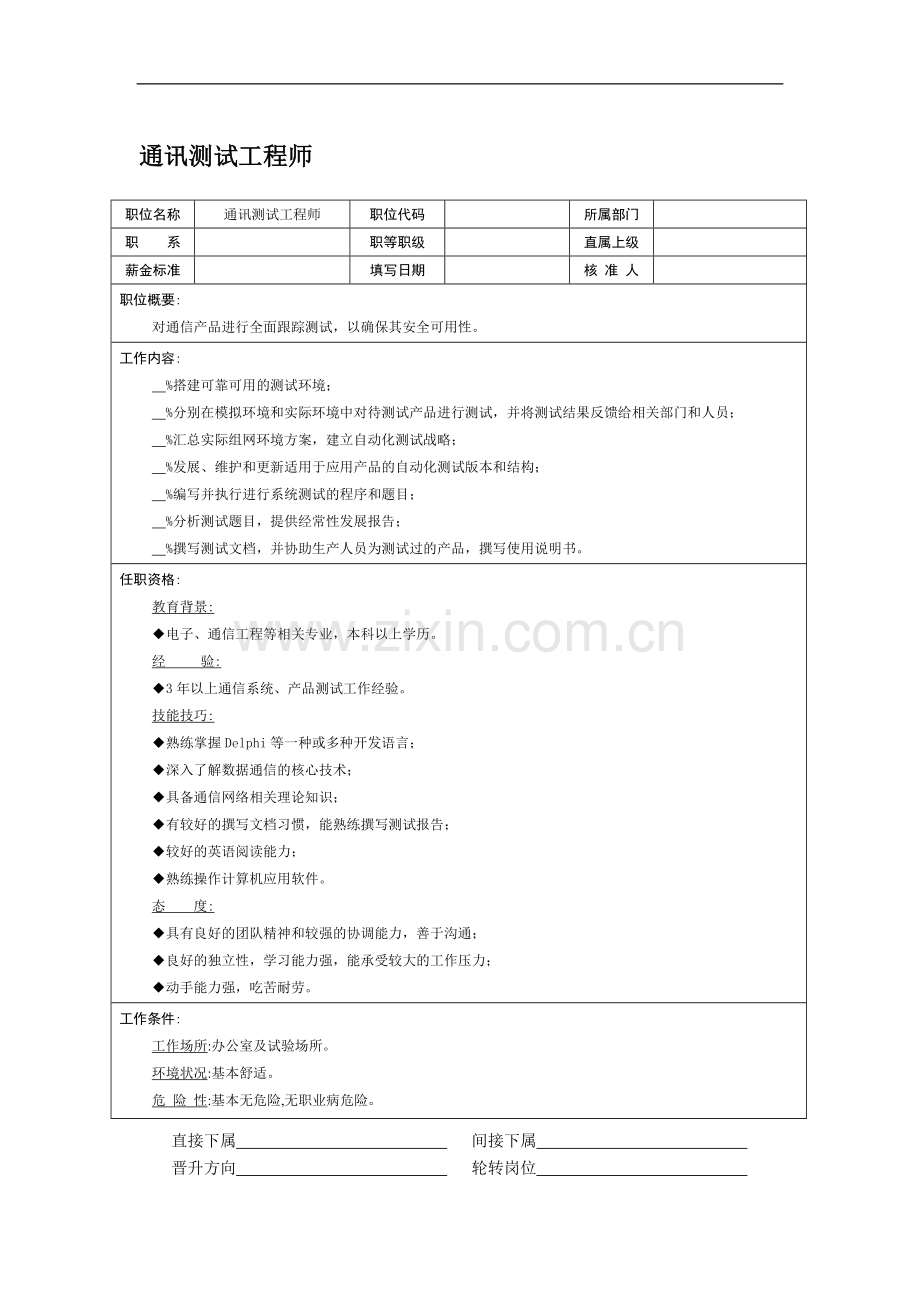 职位说明书：通讯测试工程师.doc_第1页