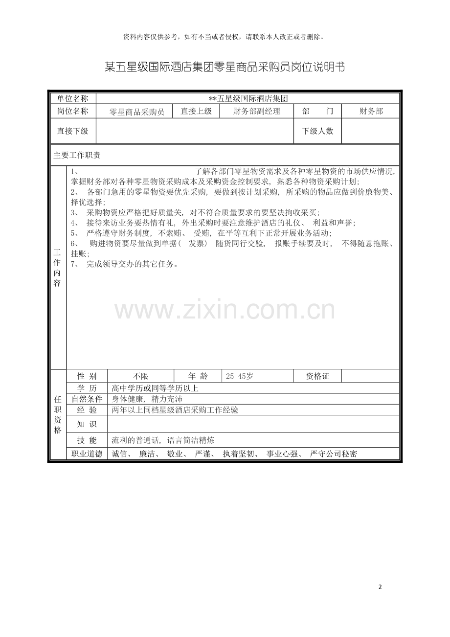 五星级国际酒店集团零星商品采购员岗位说明书.doc_第2页