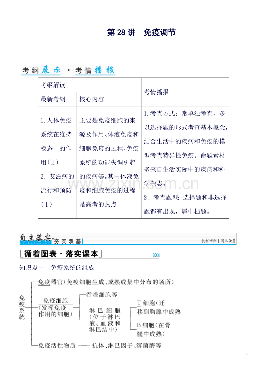【金版学案】高考生物一轮复习知识点与课后训练：第8单元第28讲-免疫调节.doc_第1页