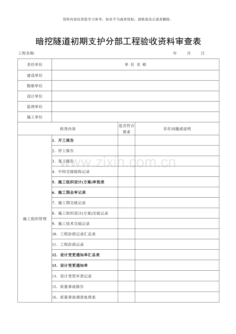 暗挖隧道初期支护分部工程验收资料审查表样本.doc_第1页