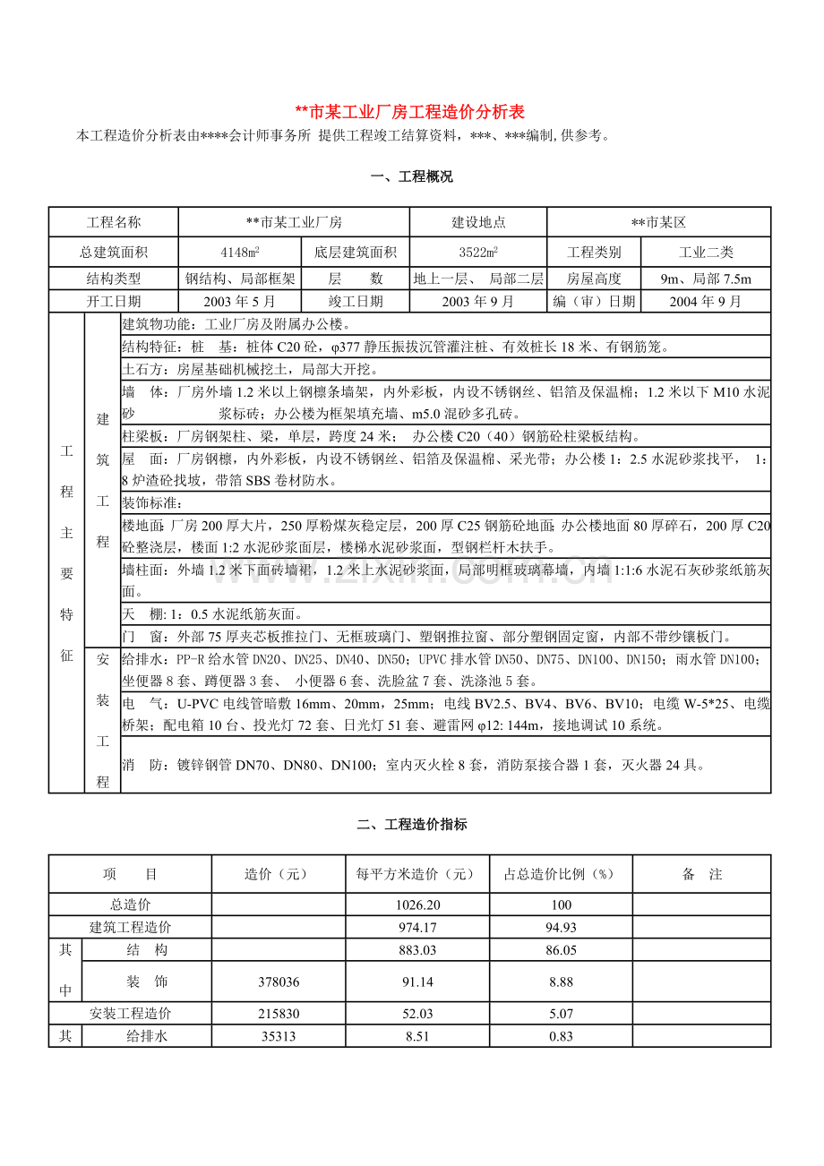 宁波市某工业厂房工程造价分析表.doc_第1页
