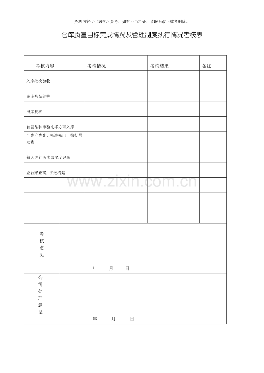 仓库质量目标完成情况及管理制度执行情况考核表样本.doc_第1页