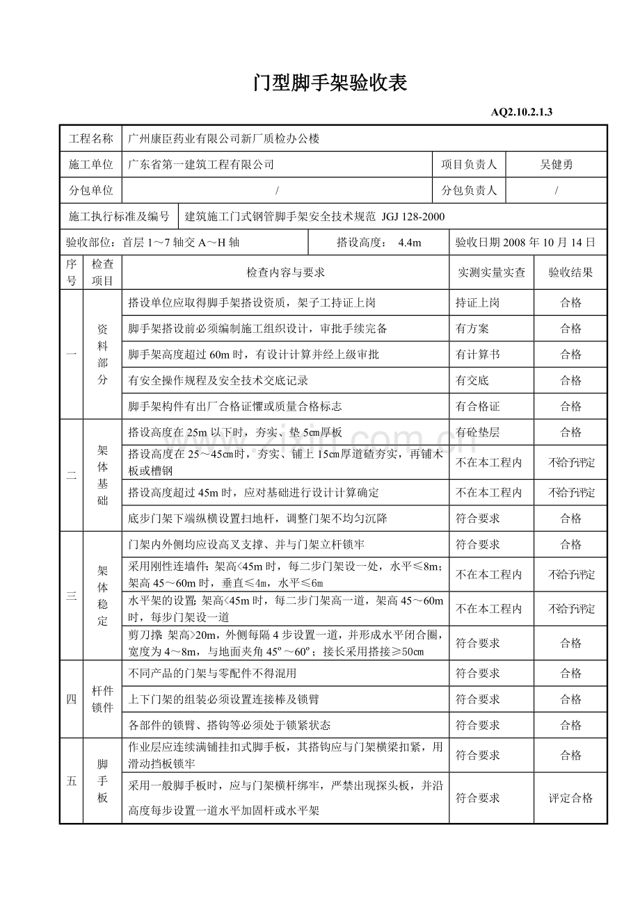 门型脚手架验收表.doc_第1页