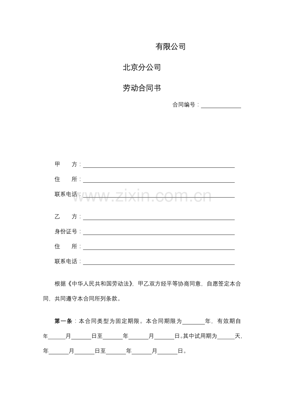 某有限公司北京分公司劳动合同书.docx_第1页