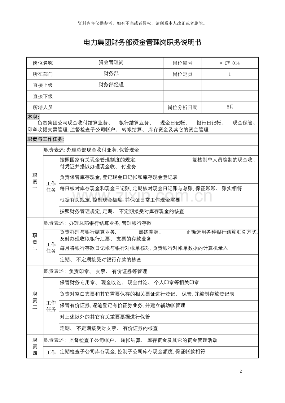 电力集团财务部资金管理岗职务说明书模板.doc_第2页