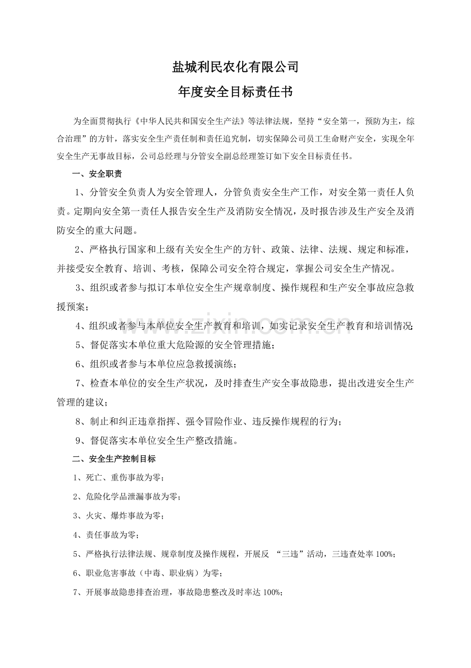 安全目标责任书(分管安全副总).doc_第1页