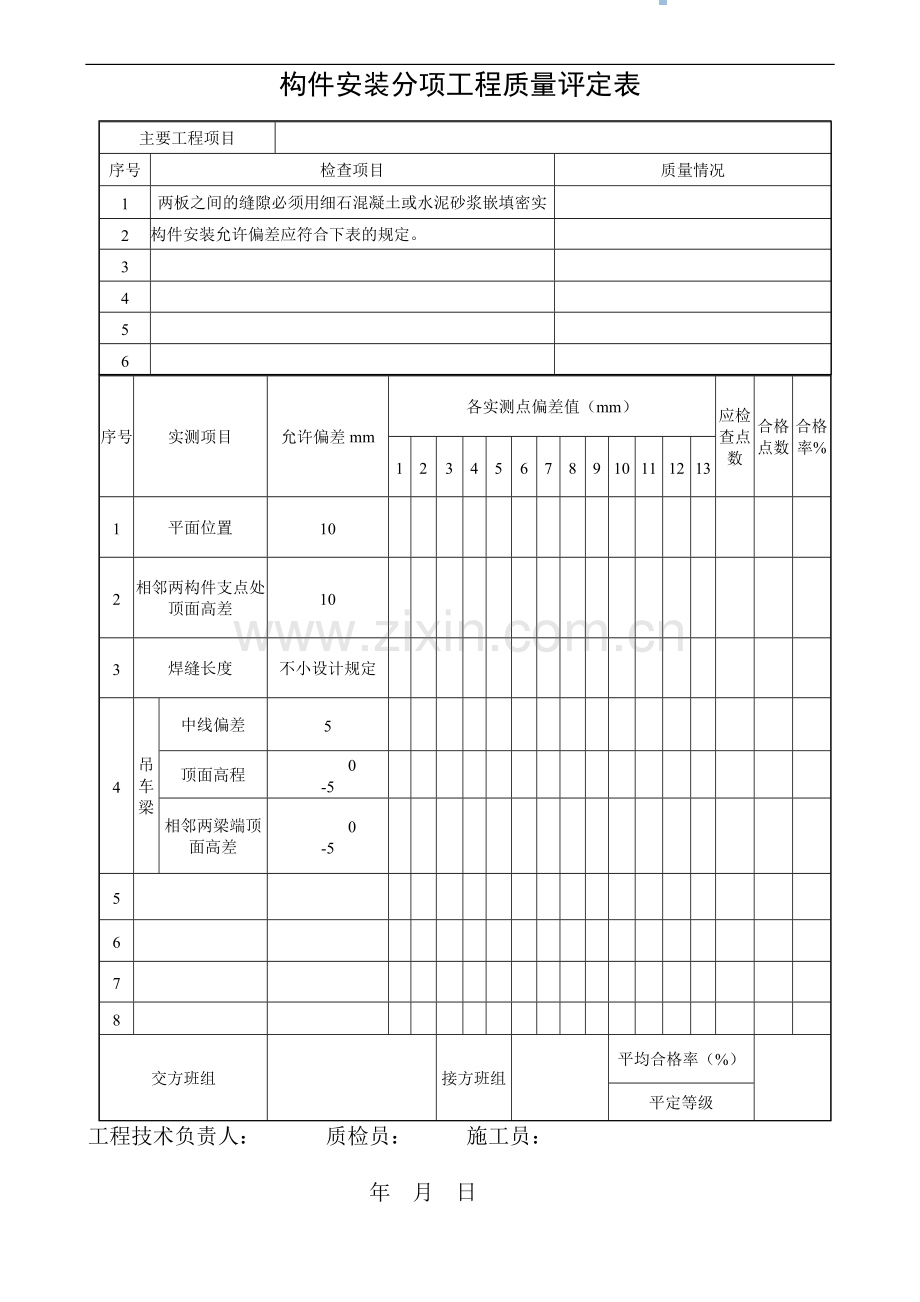 构件安装分项工质量平定表.doc_第1页