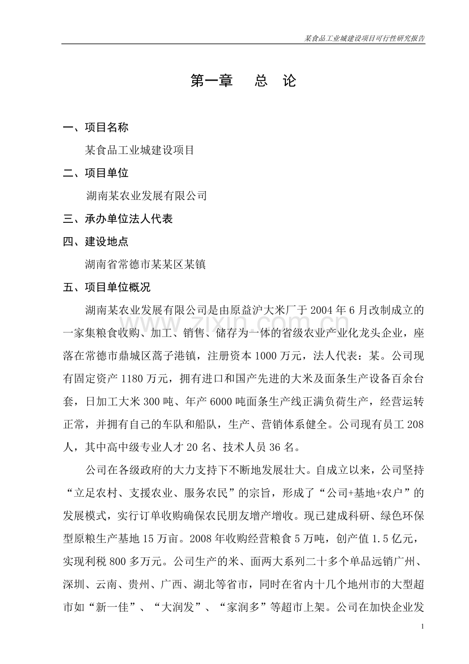 某食品工业城建设项目可行性研究报告(大米、面条生产项目可研报告).doc_第1页