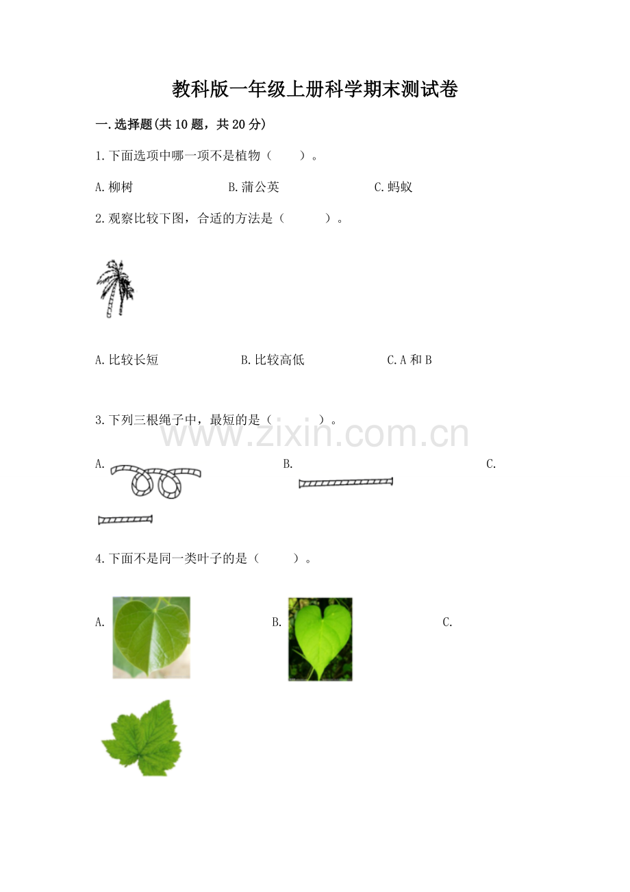 教科版一年级上册科学期末测试卷【历年真题】.docx_第1页