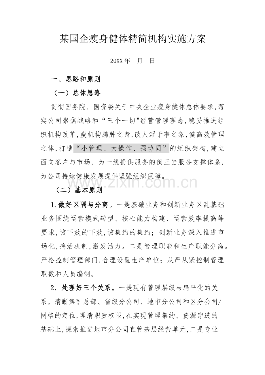 某国企瘦身健体精简机构实施方案.docx_第1页