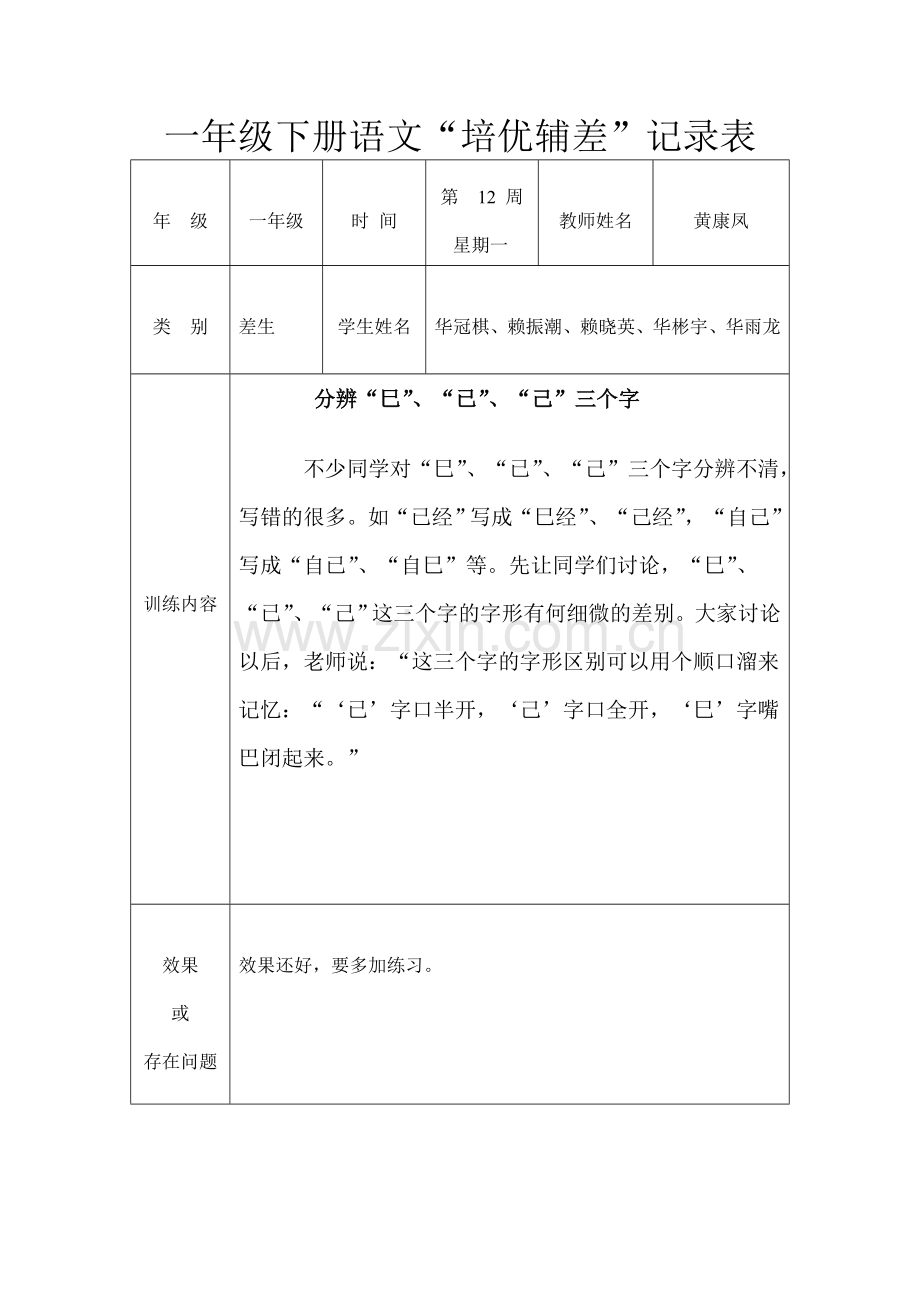 一年级语文下册培优补差记录表.doc_第1页