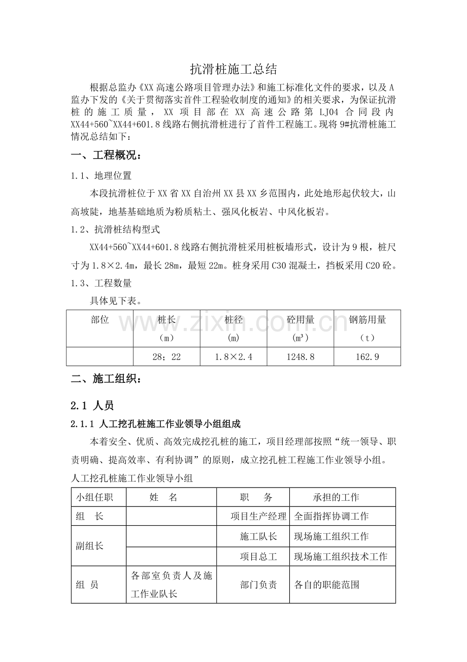 高速公路边坡支护人工挖孔桩抗滑桩首件施工总结报告.doc_第1页