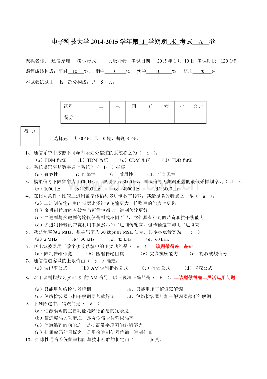 电子科技大学通信原理期末考试试卷a-1-答案.doc_第1页