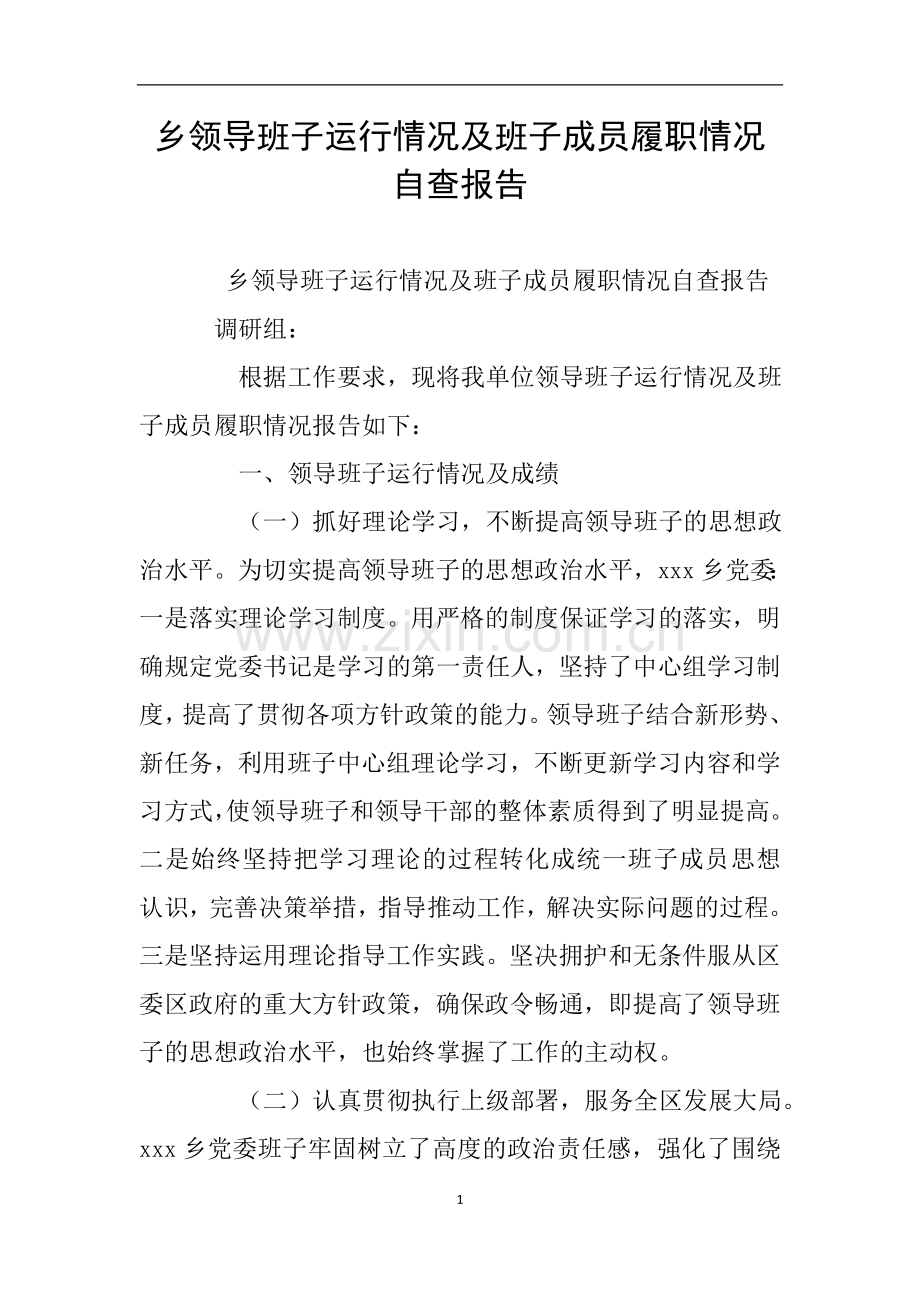 乡领导班子运行情况及班子成员履职情况自查报告.doc_第1页