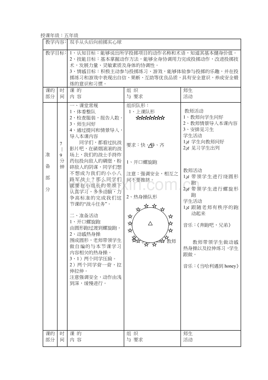 小学五年级体育《双手从头后向前掷实心球》教学设计.doc_第1页