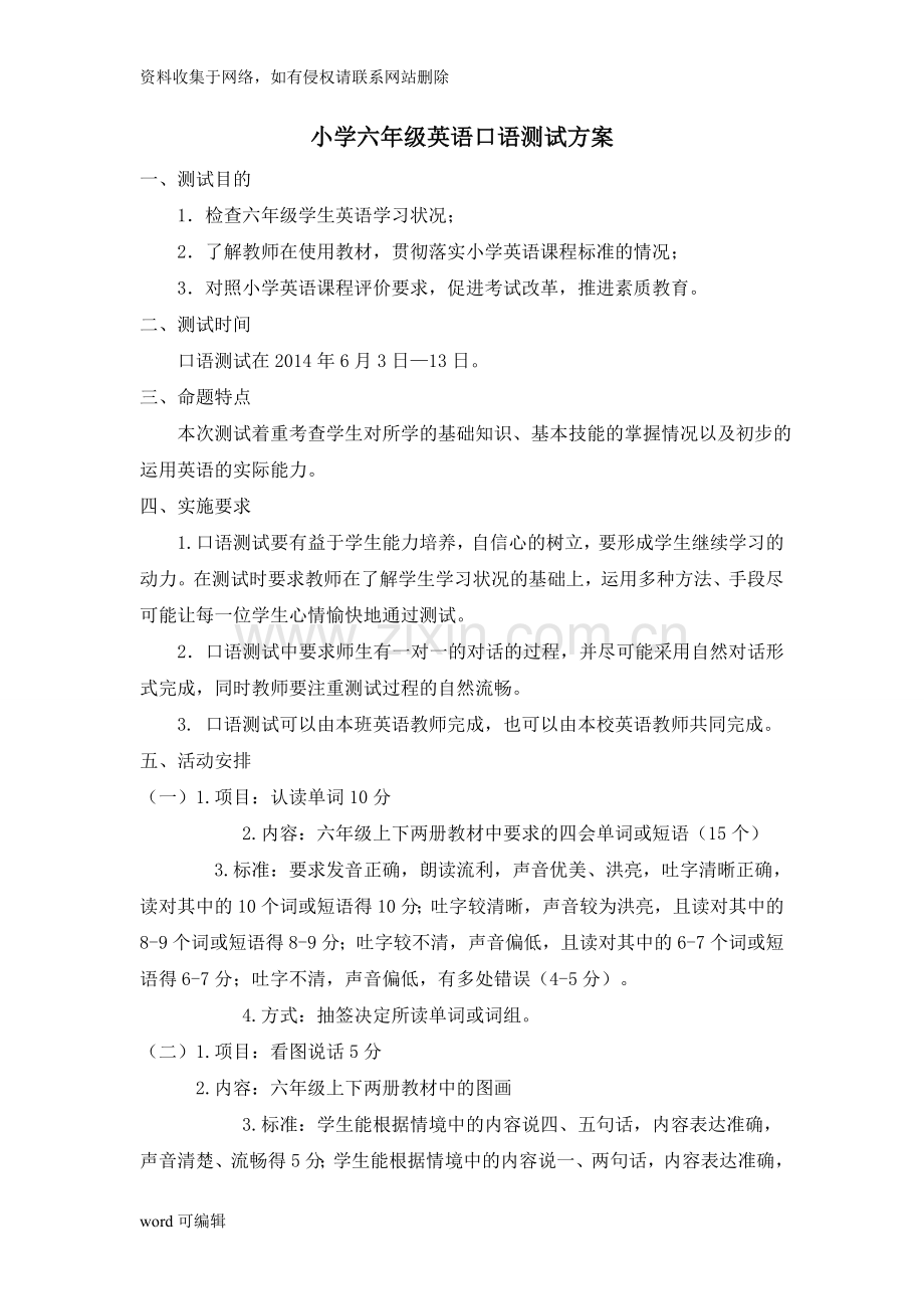 PEP小学六年级英语口语测试方案word版本.doc_第1页
