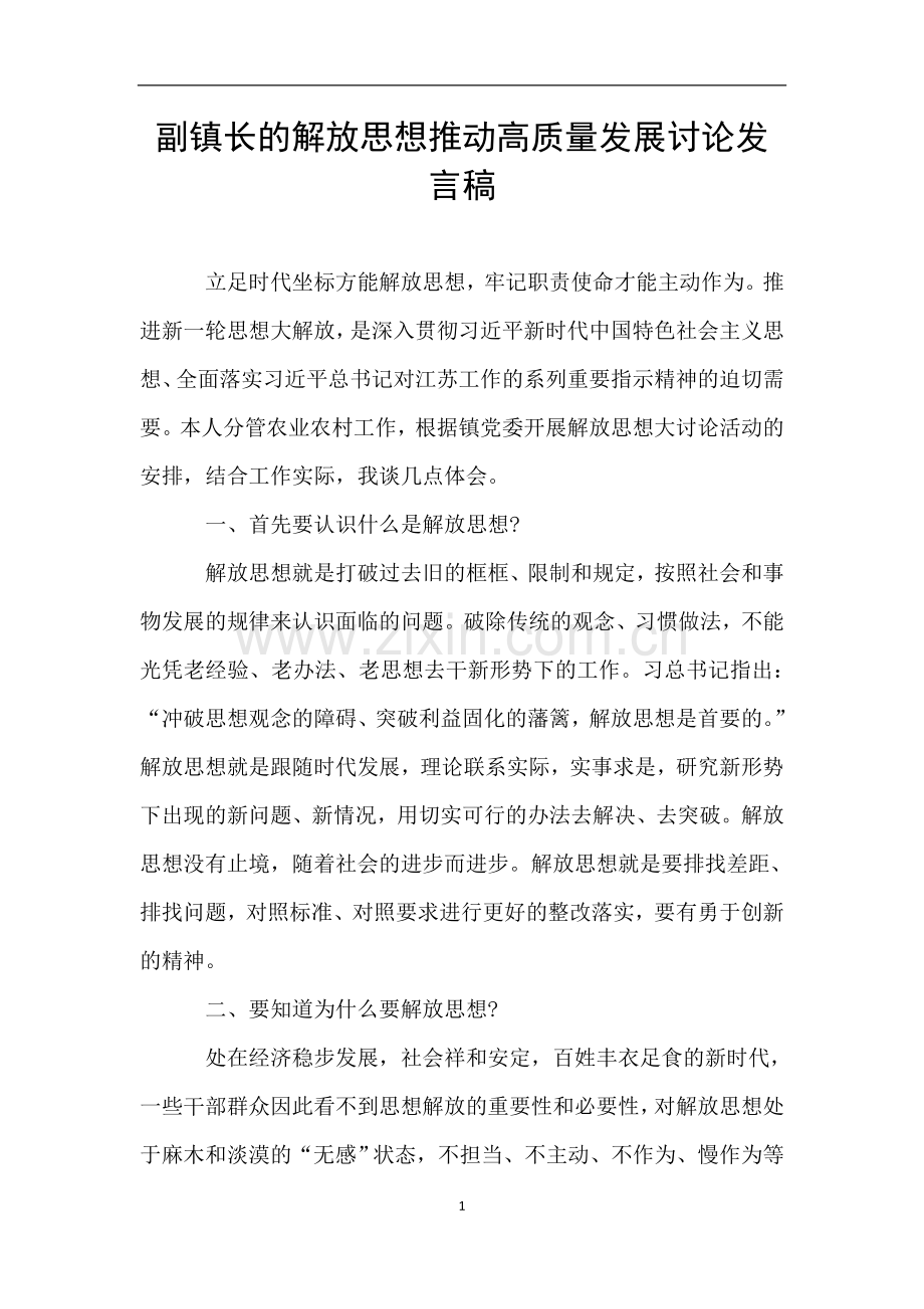 副镇长的解放思想推动高质量发展讨论发言稿.doc_第1页