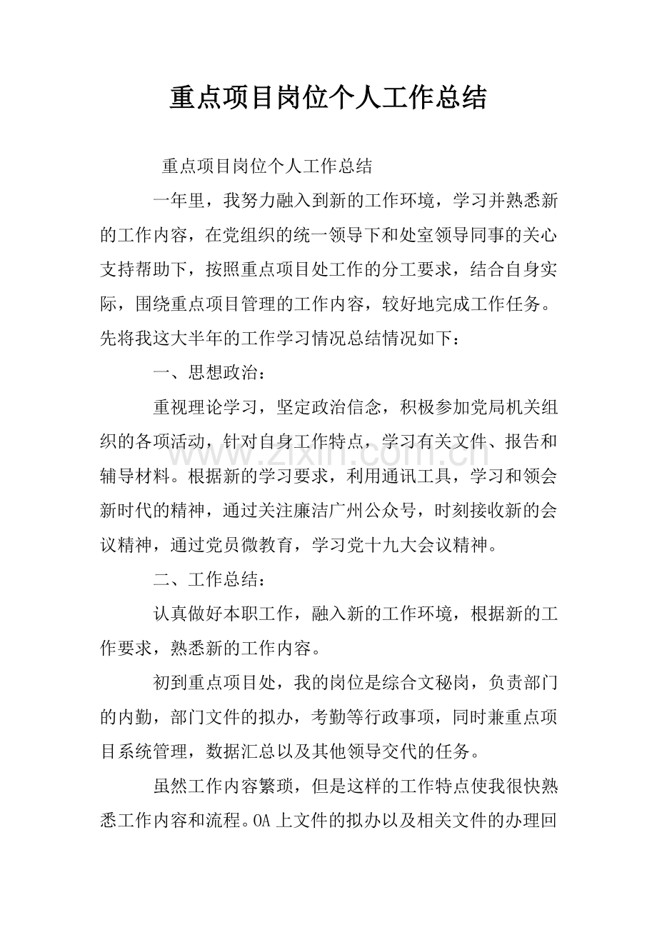 重点项目岗位个人工作总结.doc_第1页