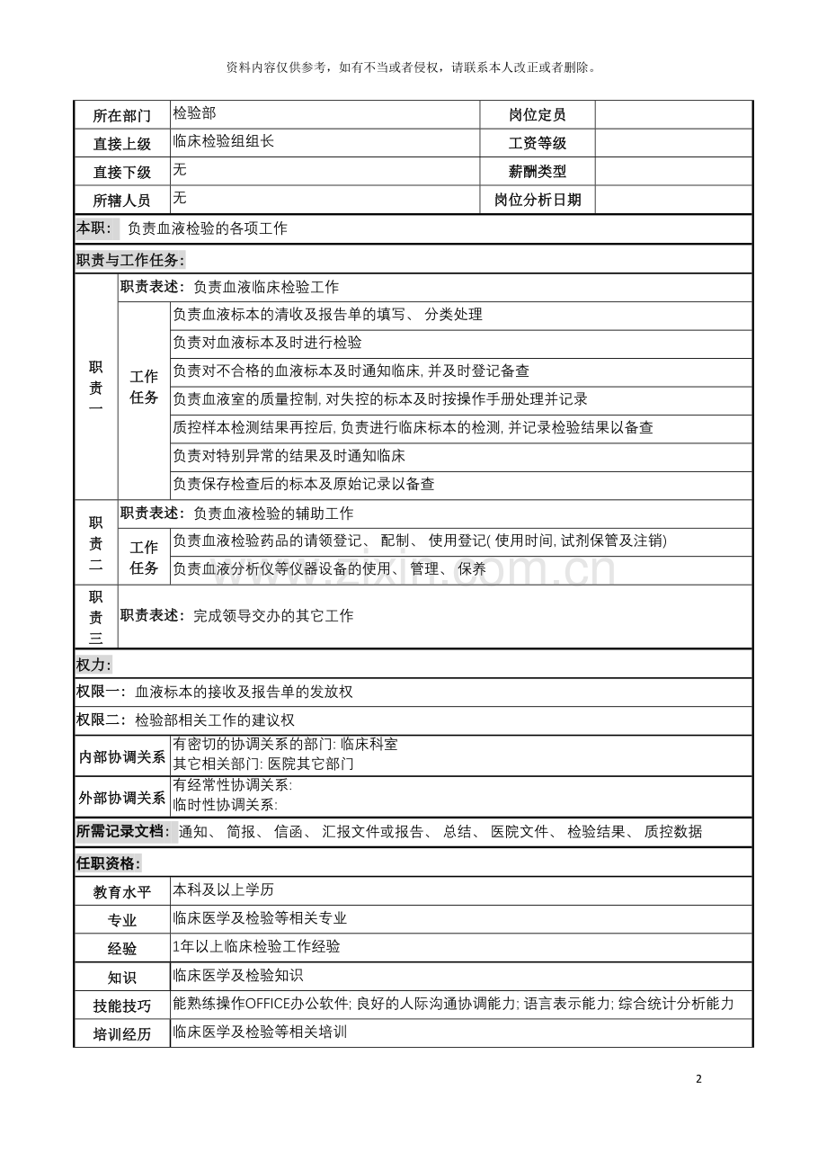血液检验岗岗位说明书模板.doc_第2页