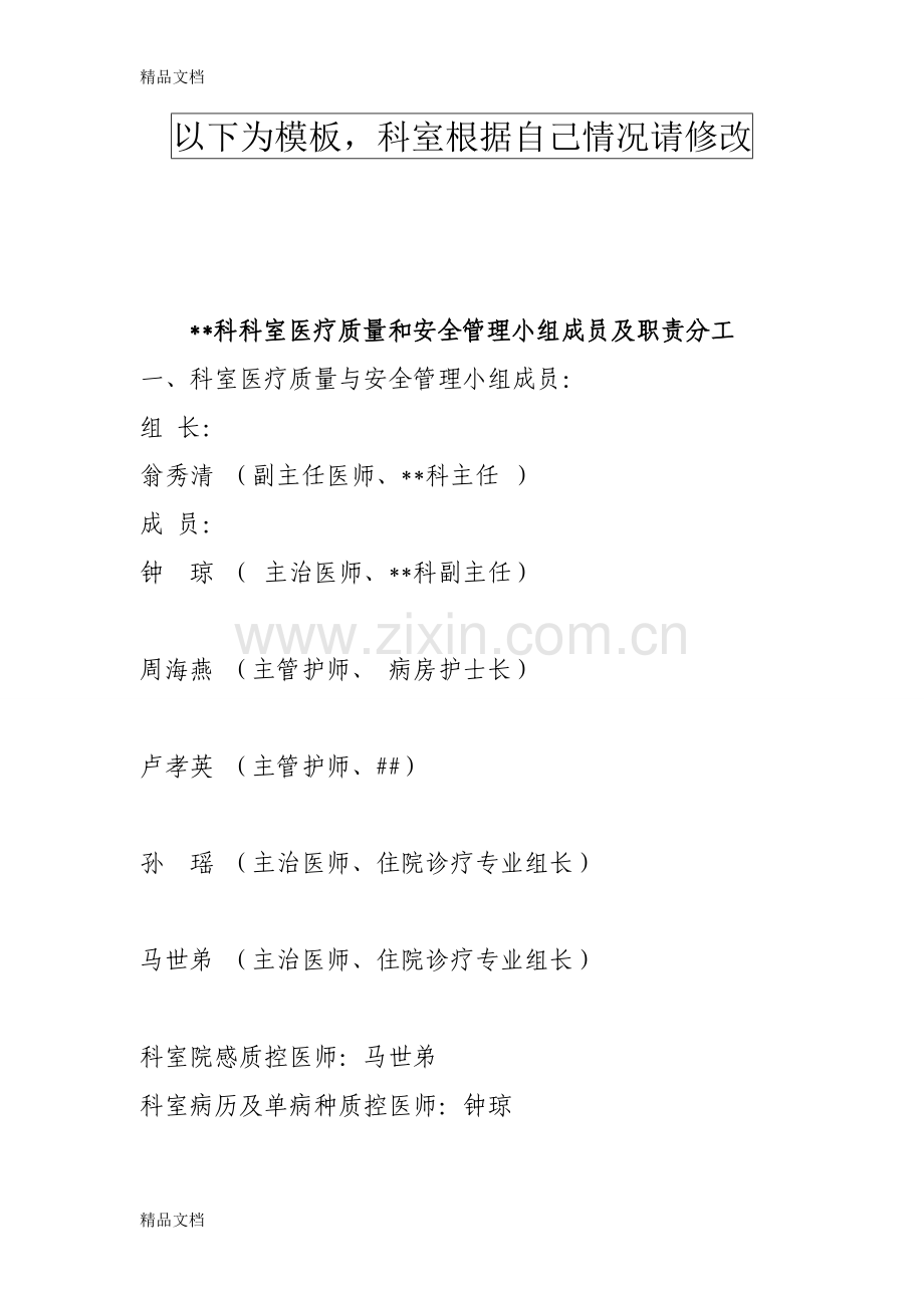 科室医疗质量和安全管理小组成员及职责分工(模板-仅供参考)资料.doc_第1页