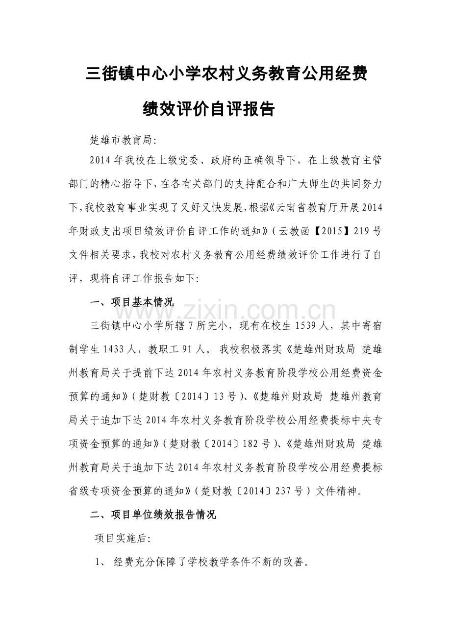 三街镇中心小学农村义务教育公用经费绩效评价自评报告.docx_第1页