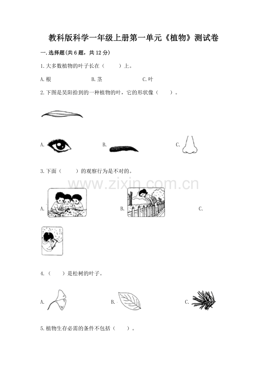 教科版科学一年级上册第一单元《植物》测试卷及参考答案【完整版】.docx_第1页