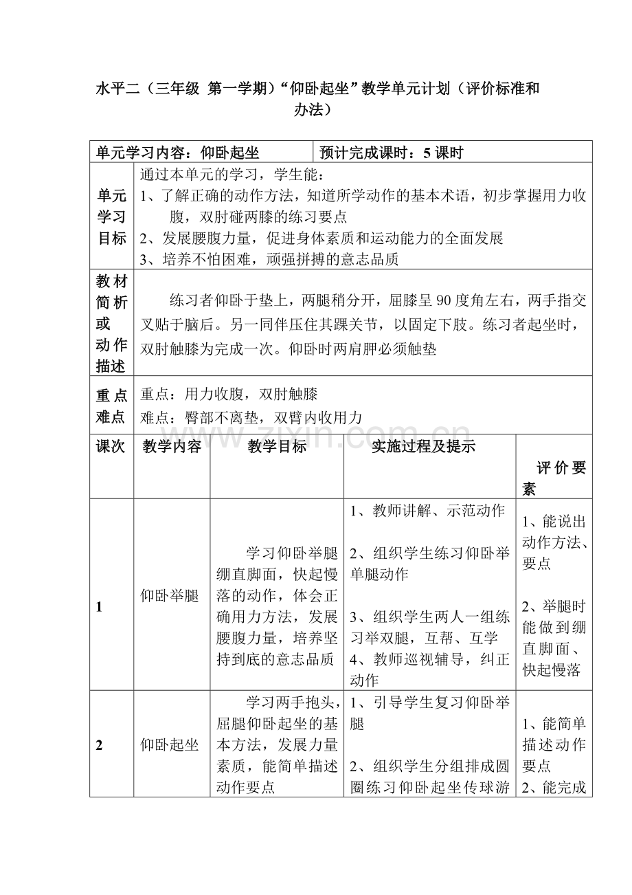 水平二(三年级)仰卧起坐单元计划-Microsoft-Office-Word-97-2003-文档汇编.doc_第1页