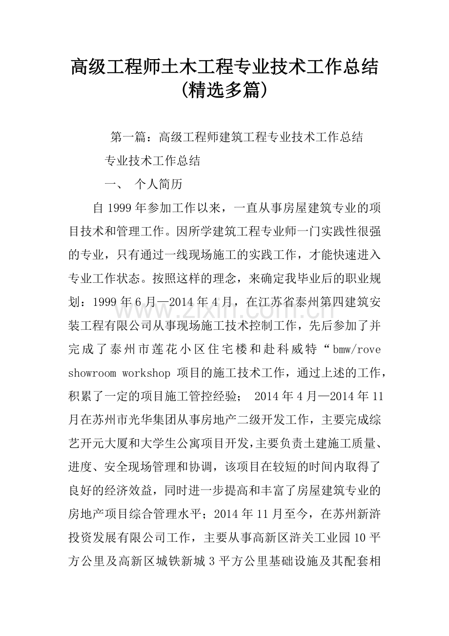 高级工程师土木工程专业技术工作总结(多篇).doc_第1页
