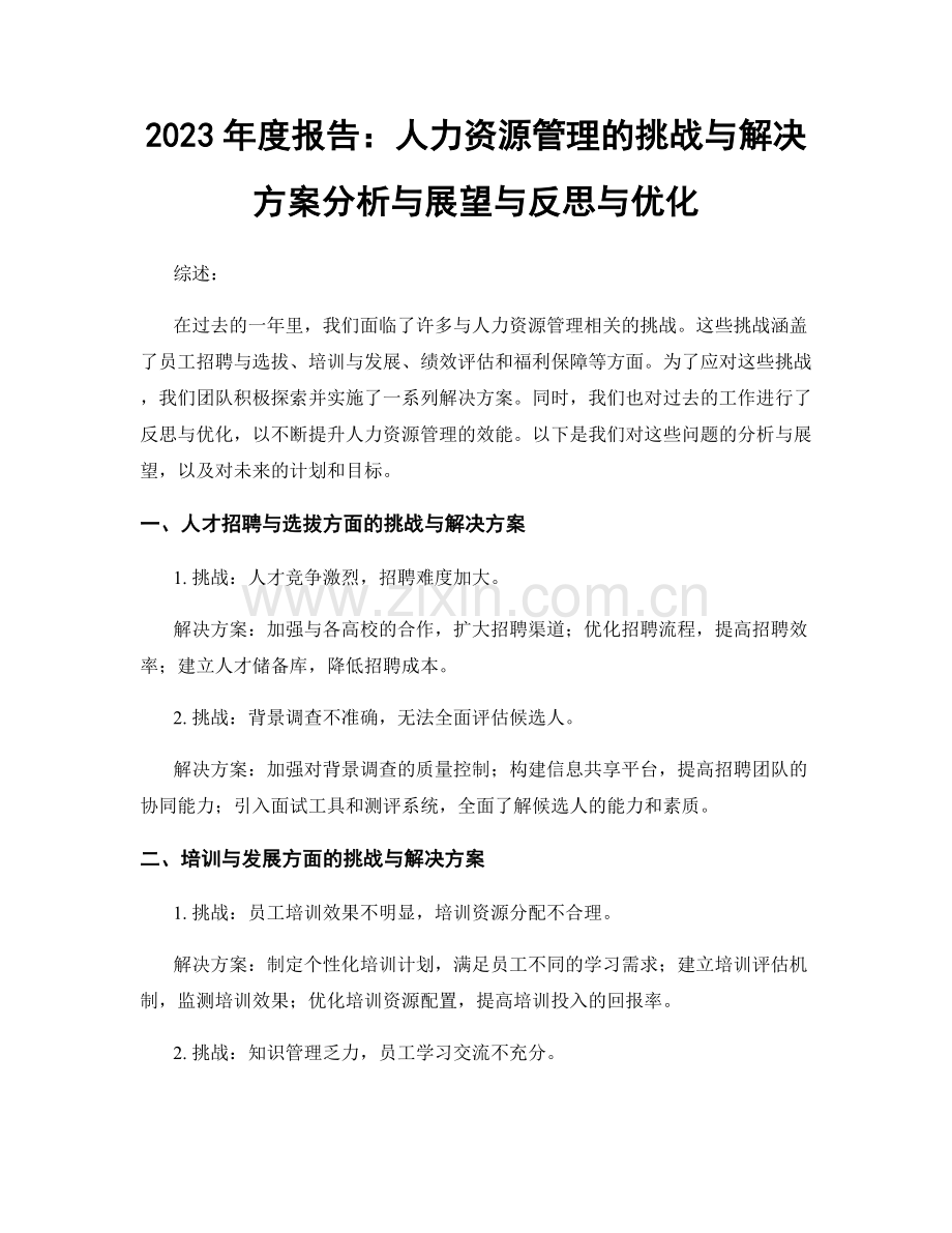 2023年度报告：人力资源管理的挑战与解决方案分析与展望与反思与优化.docx_第1页