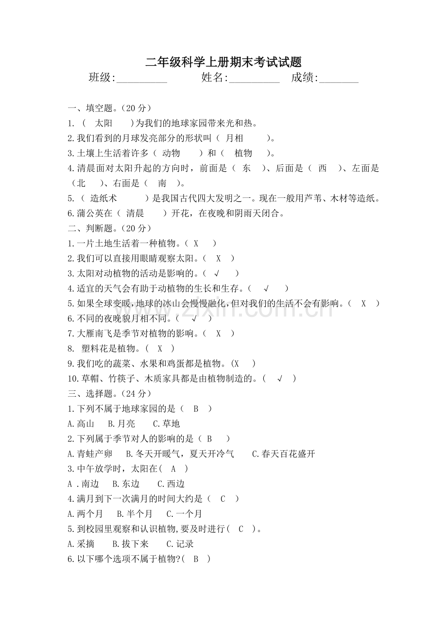 二年级上册科学期末考试试卷-(含答案).doc_第1页