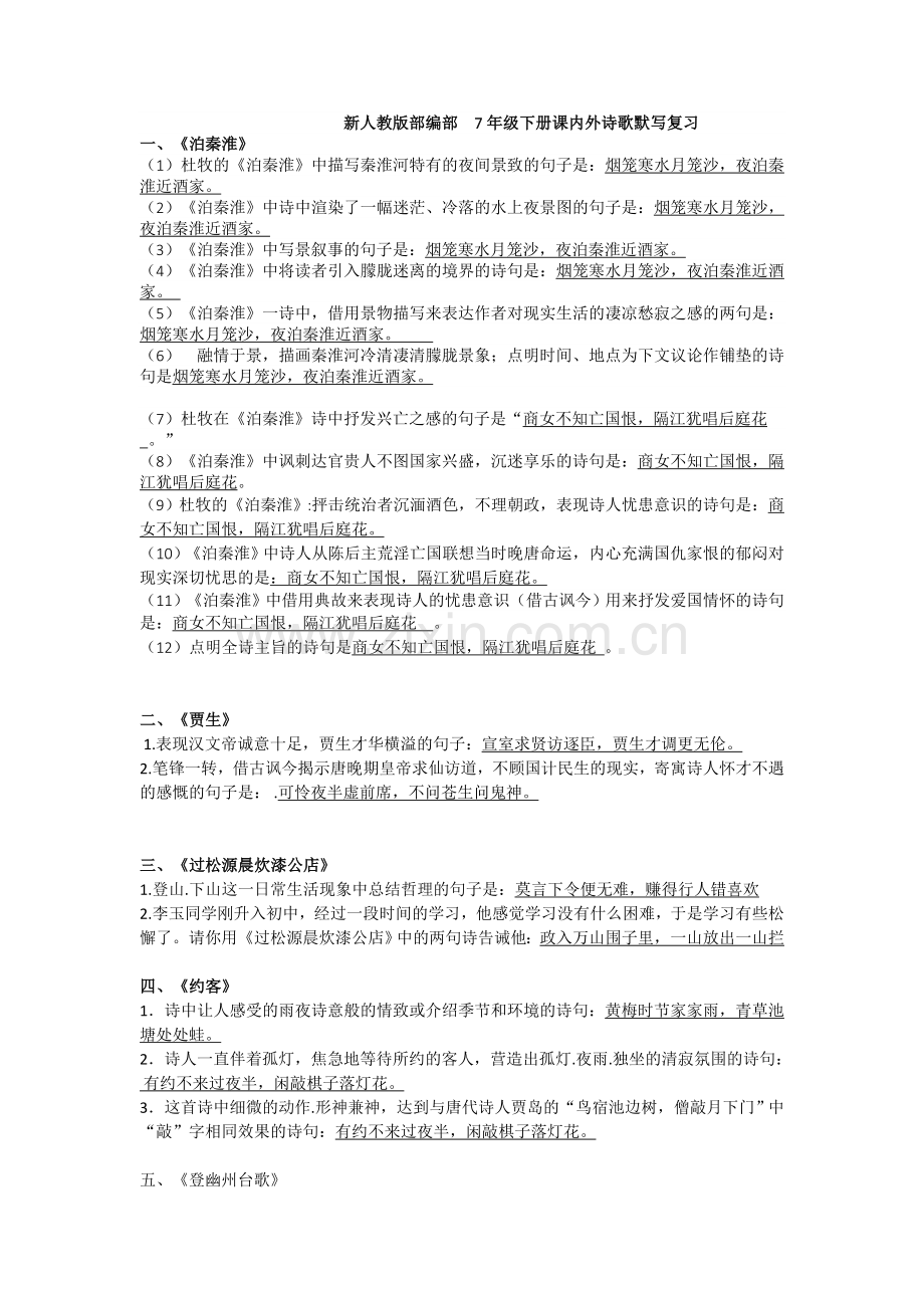 新人教版部编部7年级下册诗歌默写题.doc_第1页