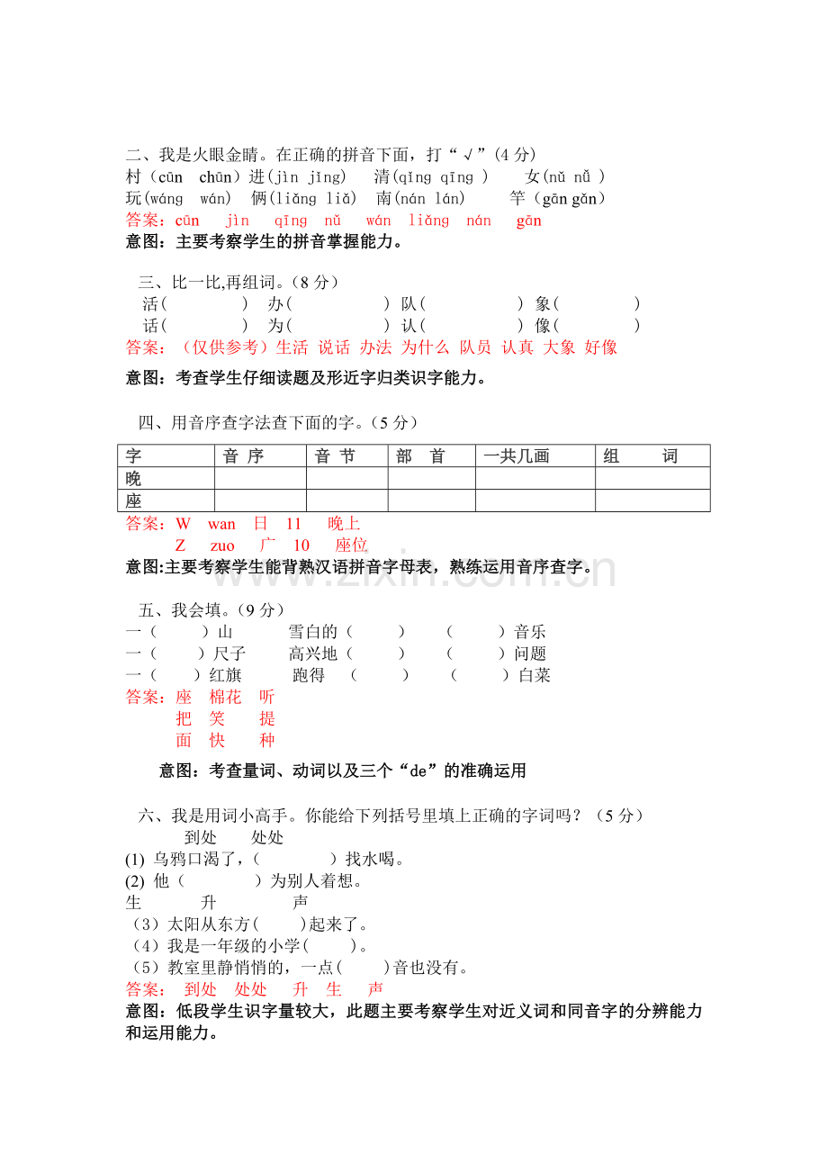 一年级下册语文专项能力检测-附命题意图及答案.doc_第2页