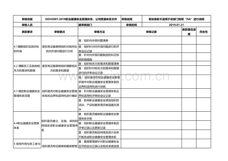 ISO45001-2018职业健康安全管理体系内审检查表(按条款).xls_第1页