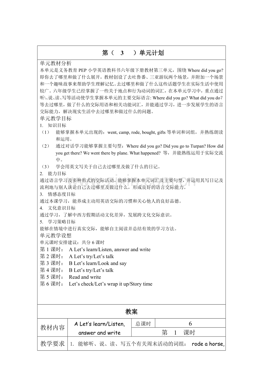 新PEP小学英语六年级下册U3Wheredidyougo教学计划及教案.doc_第1页