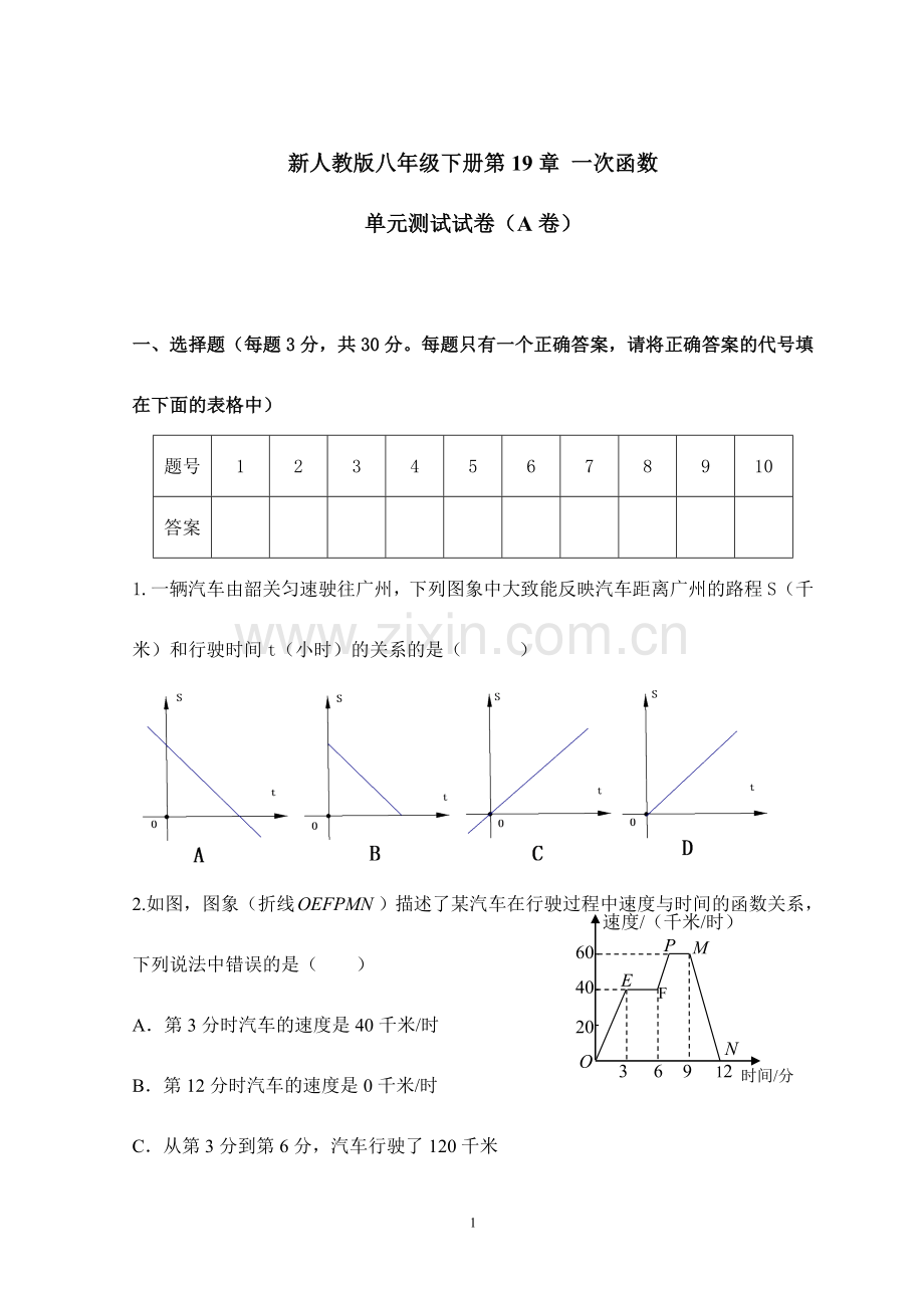 新人教版八年级下册第19章一次函数单元测试试卷(A卷).doc_第1页