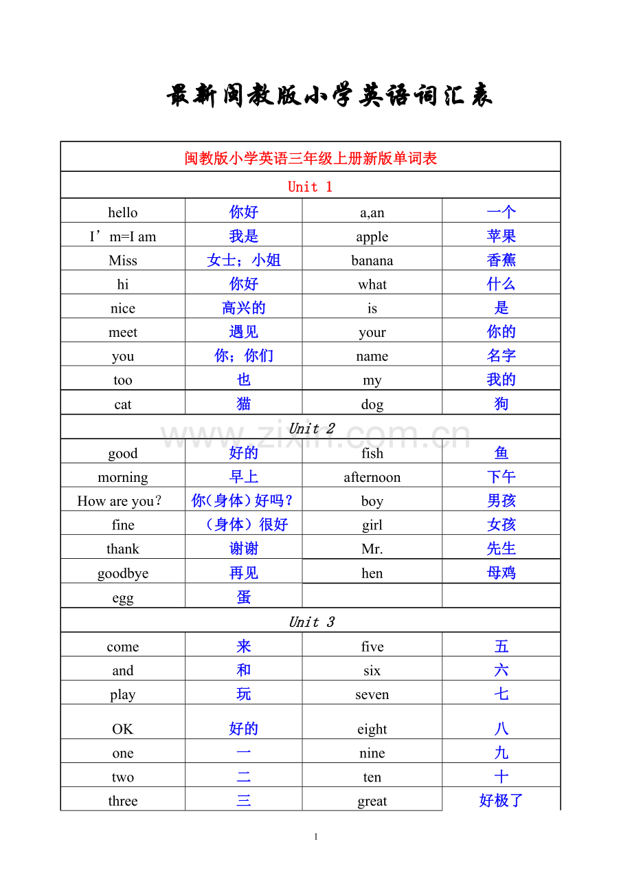 闽教版全册英语词汇表.doc_第1页