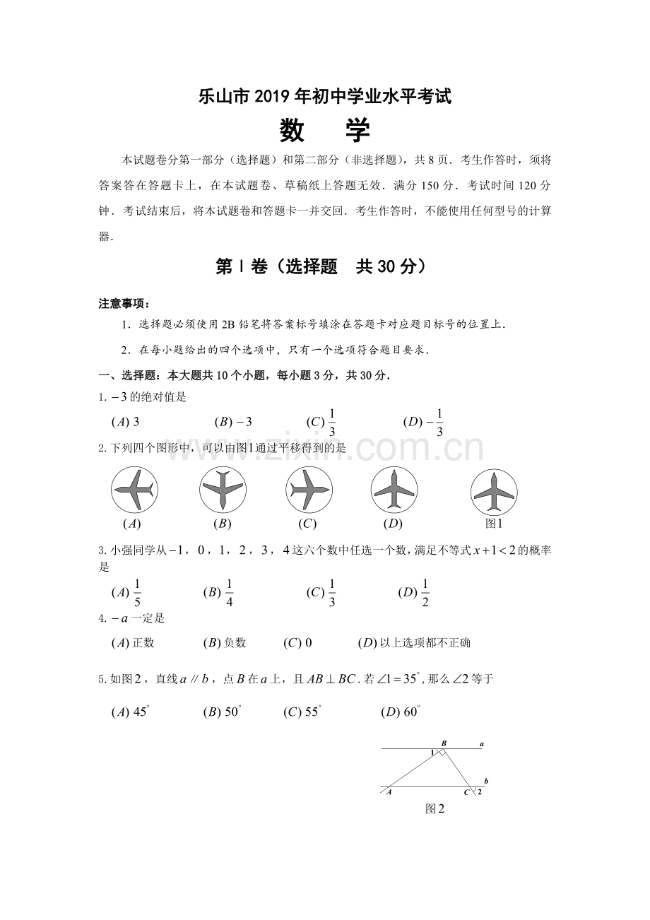 2019年四川省乐山市初中学业水平考试数学试题.doc_第1页
