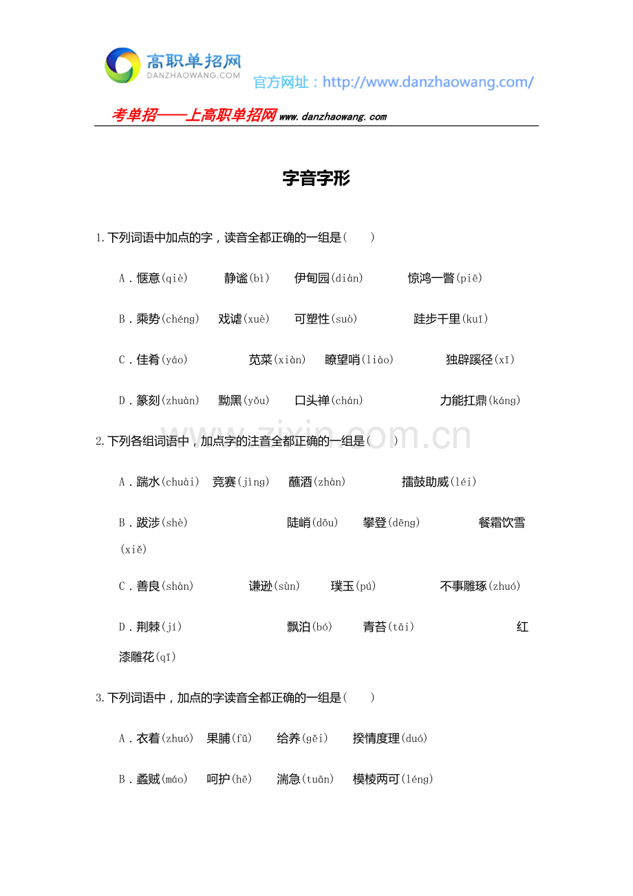 2016江西单招测试题语文知识点-字音字形.doc_第1页