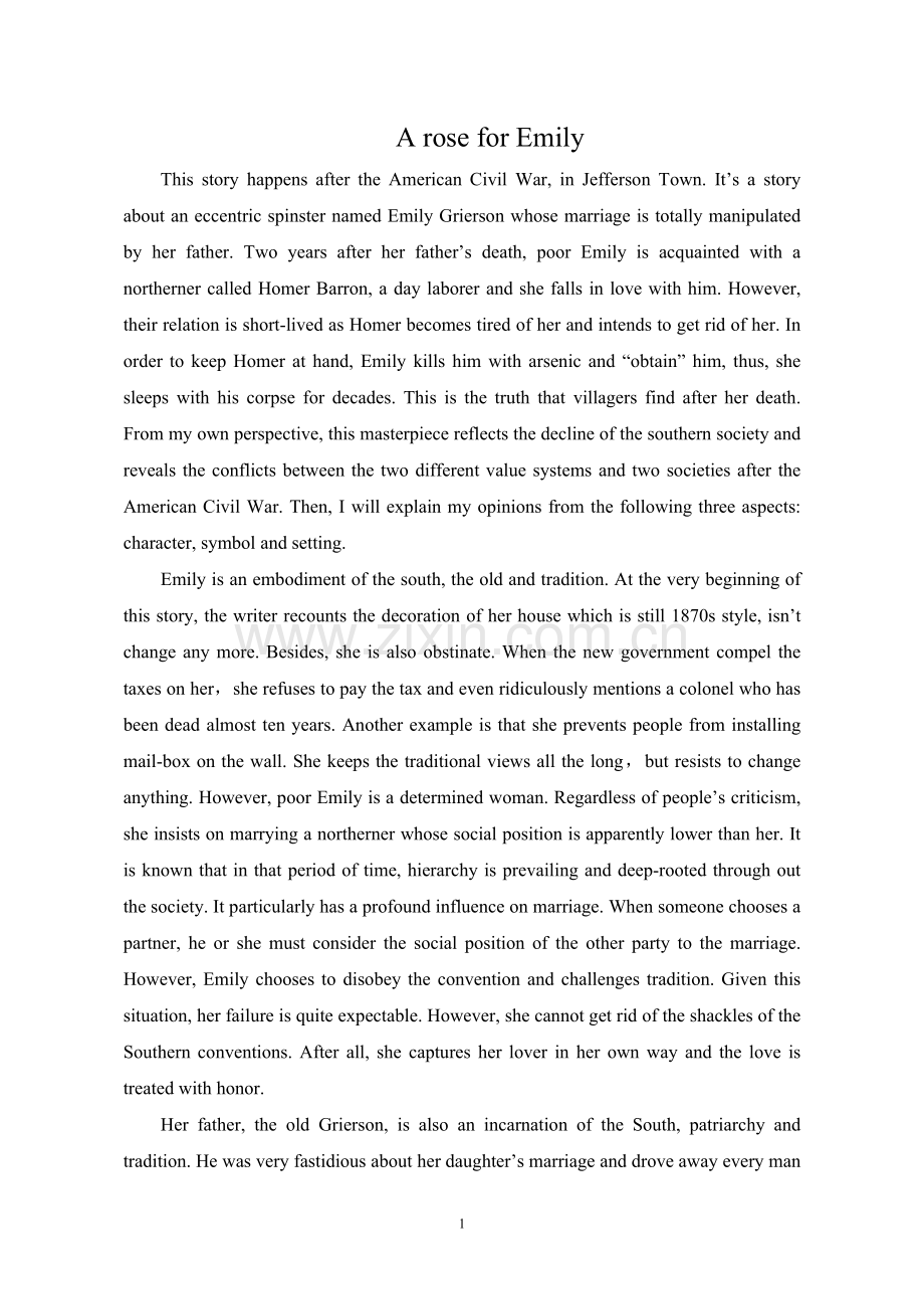A-rose-for-Emily-分析(人物-象征-背景-英文格式正确).doc_第1页