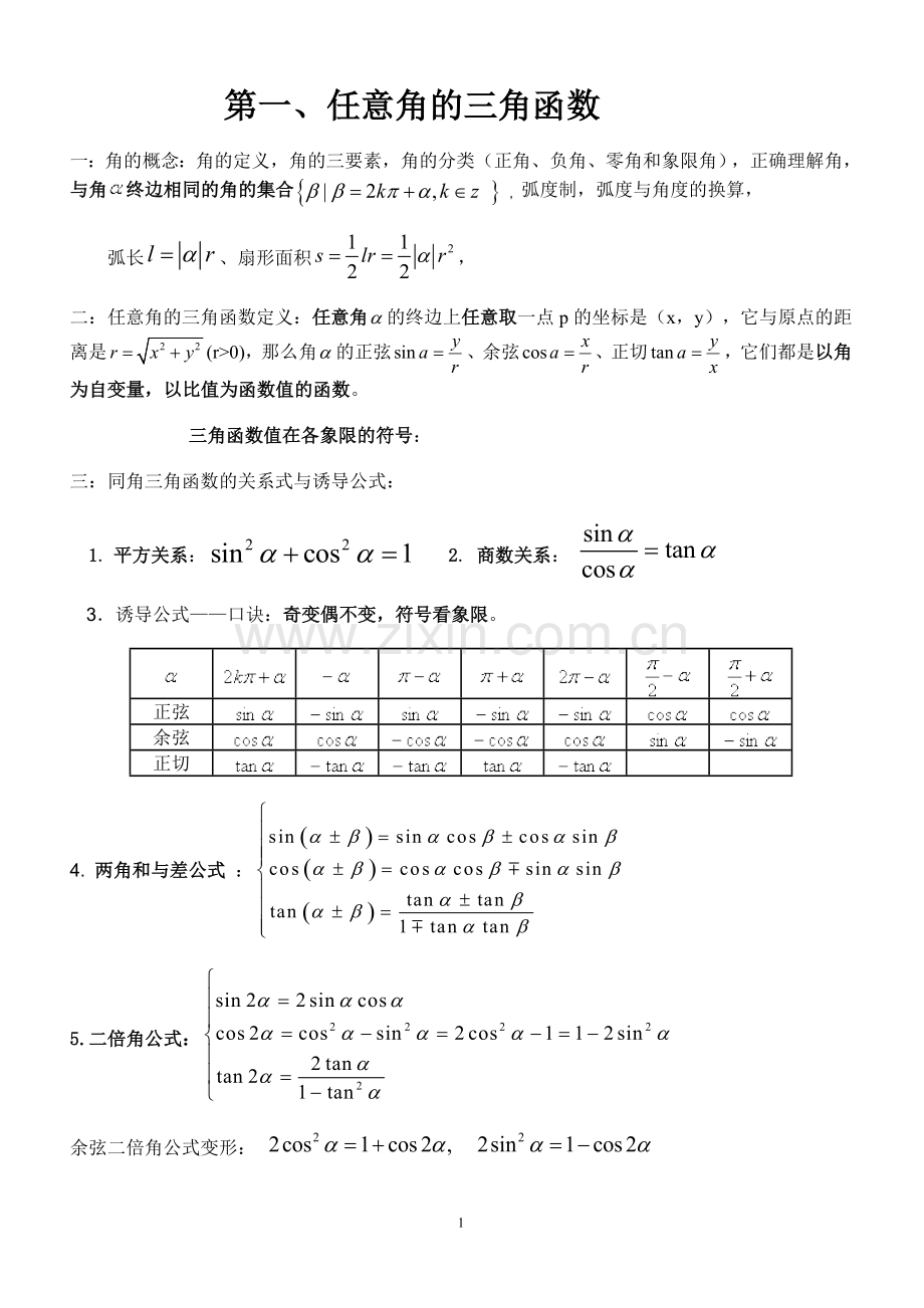 高一数学必修4三角函数知识点及典型练习.doc_第1页