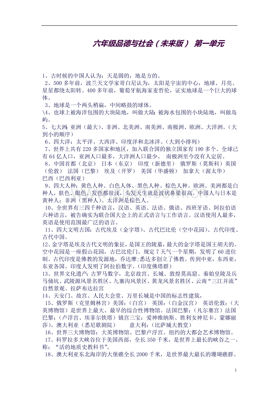 六年级品德与社会(未来版)-第一单元知识点总结.doc_第1页