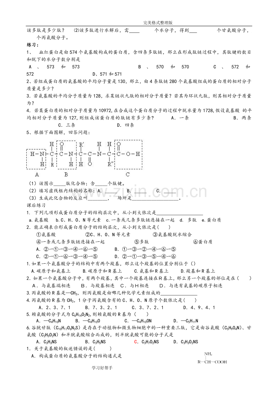 高中生物蛋白质计算练习试题整理.doc_第2页