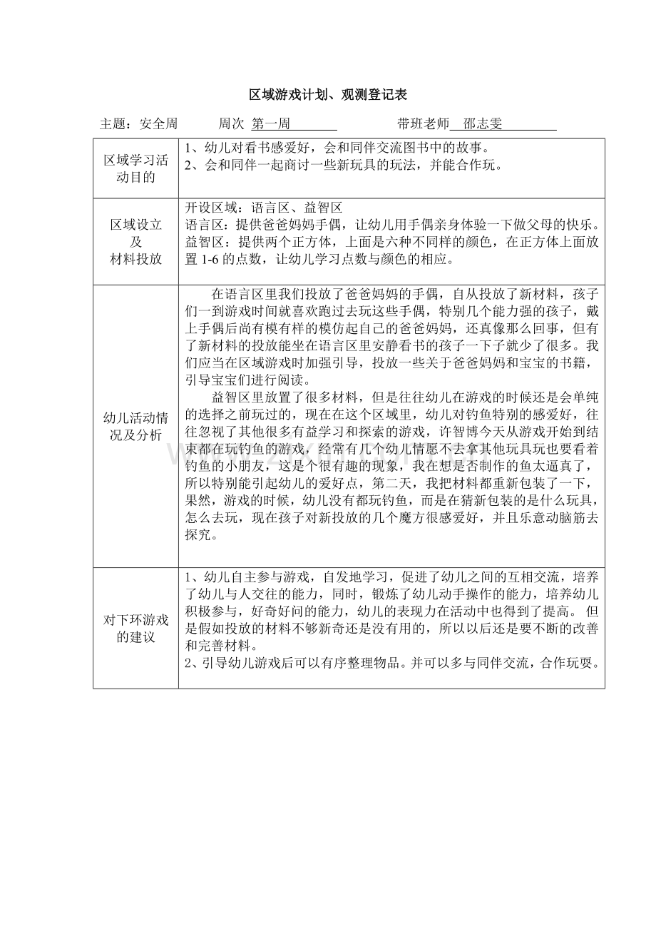 小班下学期区域游戏记录.doc_第1页
