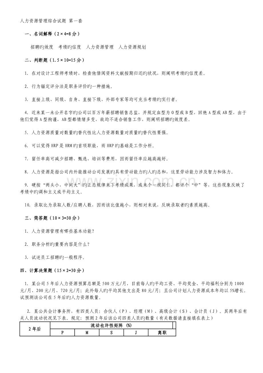 人力资源管理综合试题汇总参考.doc_第1页